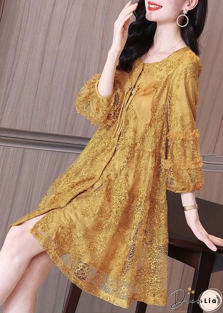 Italian Yellow Ruffled Button Lace Shirt Mid Dress Bracelet Sleeve