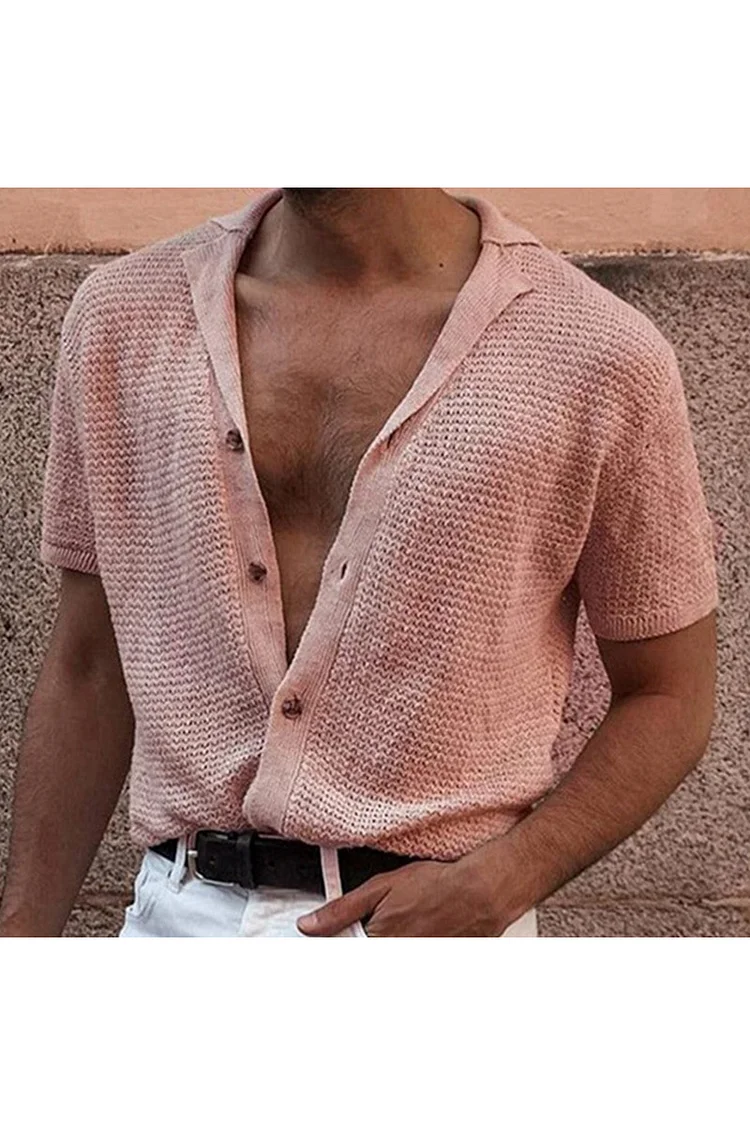 Casual Knit Short Sleeve Lapel Button Up Shirt