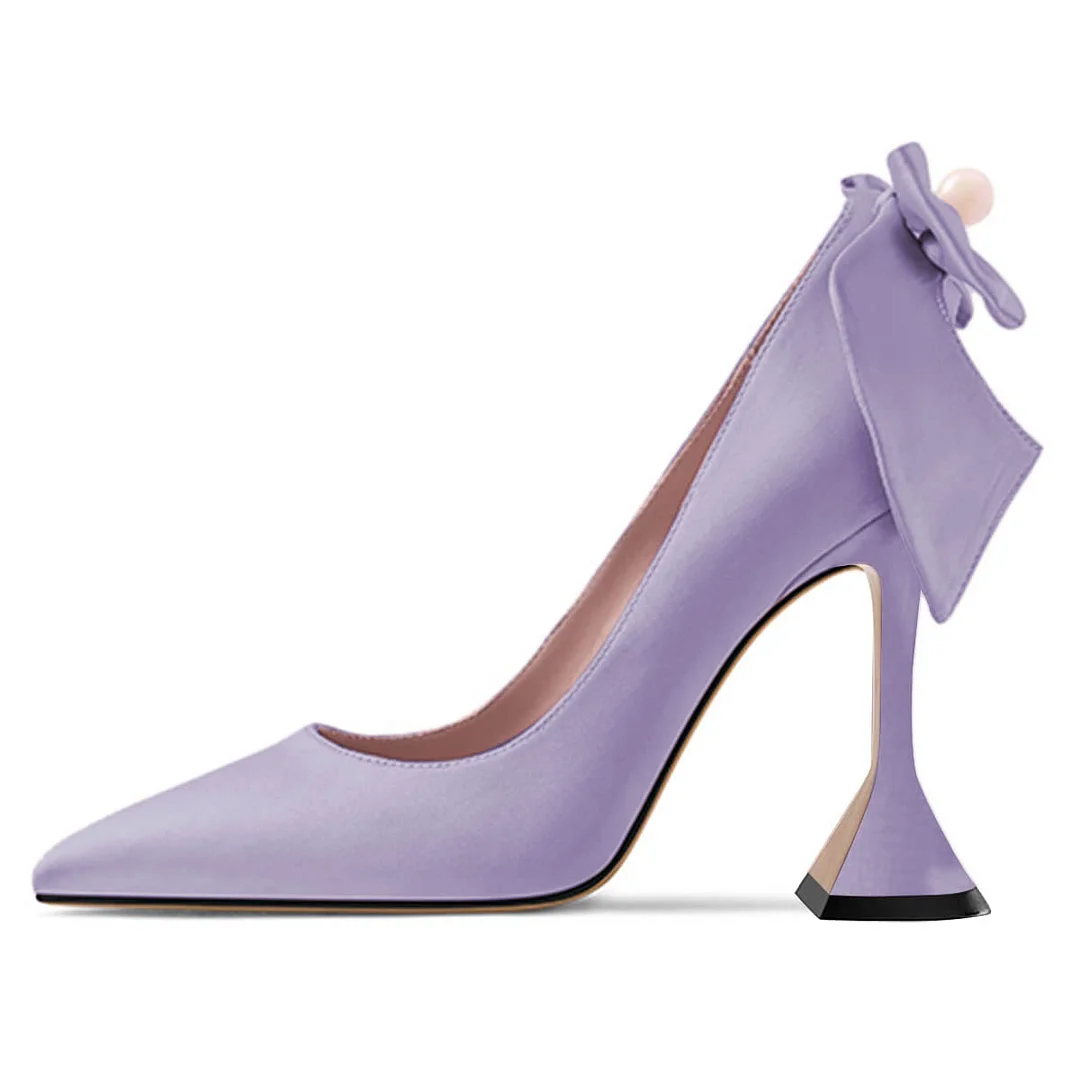 Purple Pearl Bow Pointed Toe Flared Heel Slip-On Pumps for Women
