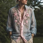 Men's Boho Pink Floral Fiber Art Contrast Flowy Linen Shirt - Image 2