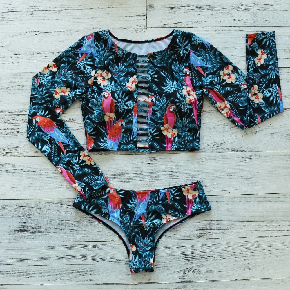 2020 New Sexy Long Sleeve Bikinis Women Swimsuit Green Leaves Print Bathing Suits Beachwear Brazilian Bikini Set Biquini Female