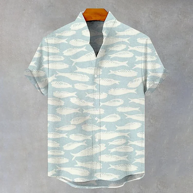 Men'S Retro Fish Print Casual Short Sleeve Shirt