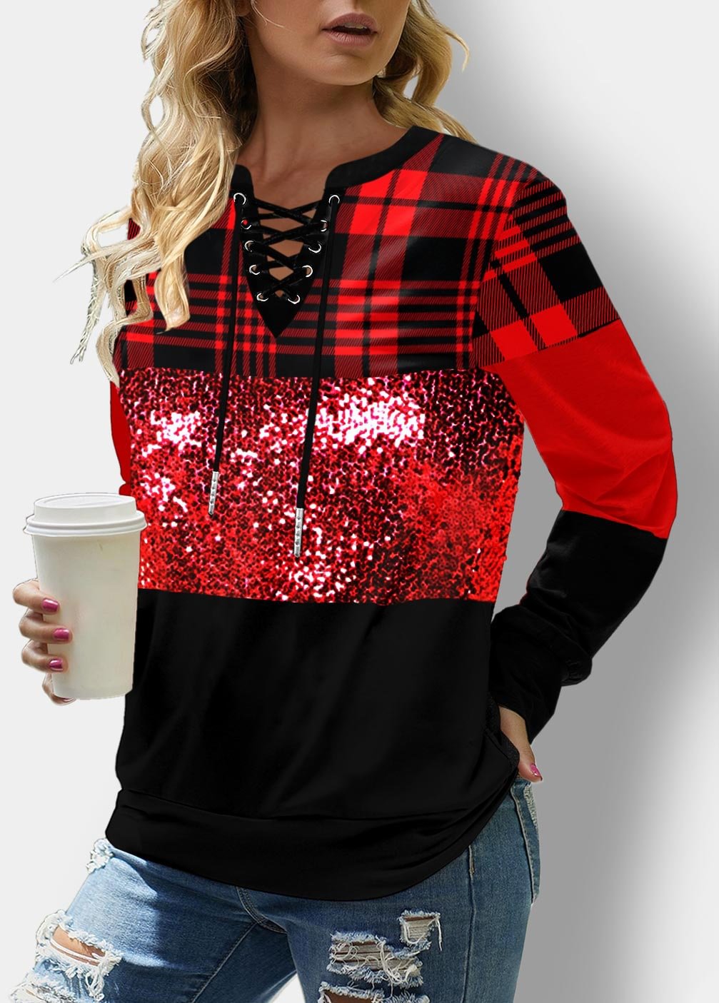 Womens Classic Red Plaid Casual Hoodie