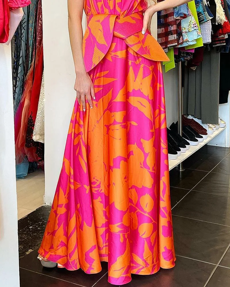 One Shoulder Nipped Waist Print Dress