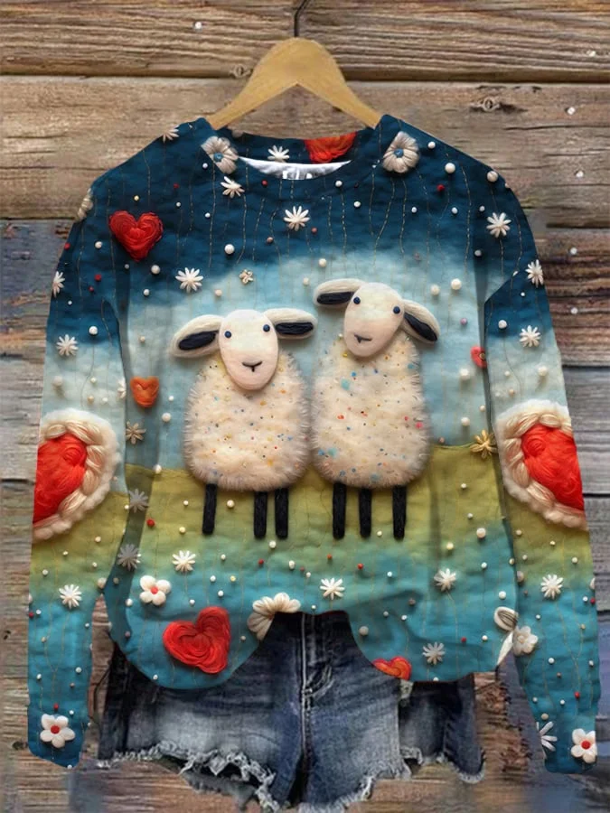 Women's Valentine's Day Farm Sheep Print Sweatshirt ​