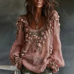 Women's Romantic Floral Embroidered Art Print Flowy Linen Blend Casual Tops - Image 2