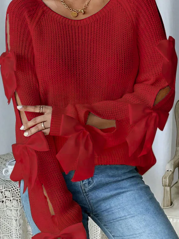 Athvotar Athvotar Autumn New French Round-Neck Bow Decorated Long-Sleeved Loose Knitted Jacket Sweater Woman