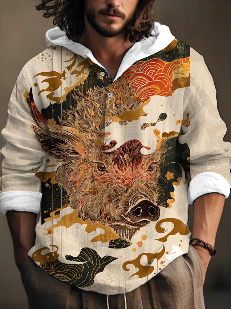 Japanese Art Pig Print Linen Hooded Long Sleeve Shirt