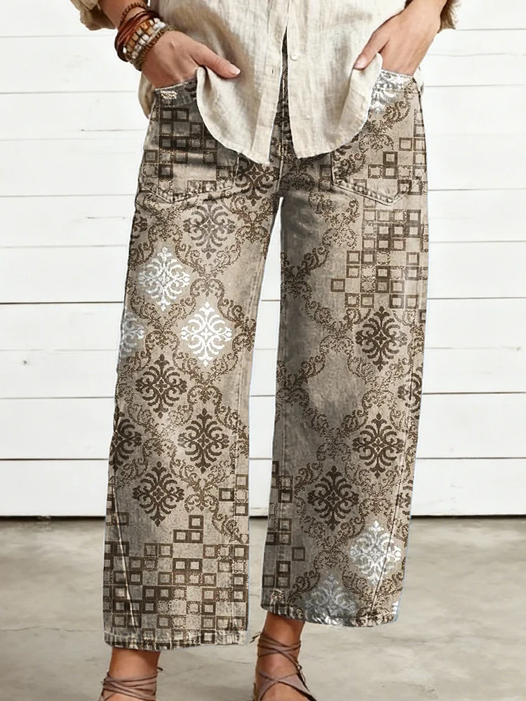 Women's Vintage Geometric Art Print Casual Cotton Trousers With Pockets socialshop