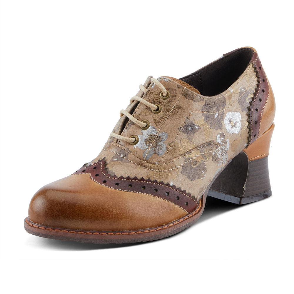 Vintage Faux Leather Round Toe Lace-Up Mid Heel Brown Women's Oxfords Nicepairs