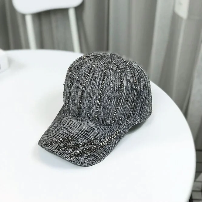 Summer Hat Womens Hollow Out Breathable Knitted Diamond Inlaid Baseball Cap Sunscreen Sun Visor GirlsOutdoor White