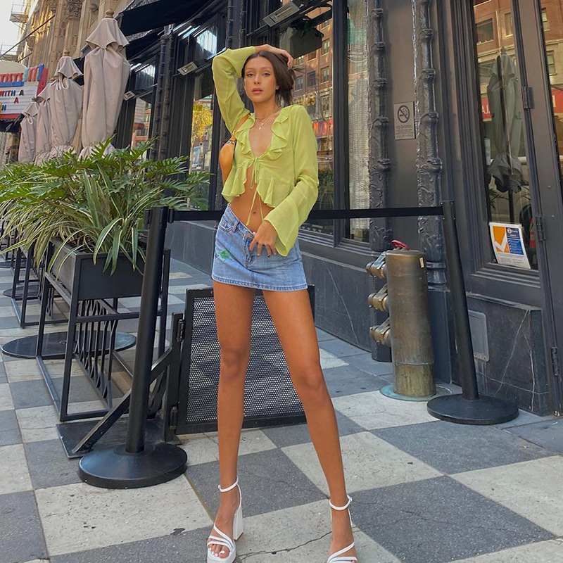 Ootddress Fashion Boho Ruffle Blouse See-Through Lace V-Neck Tops For Women Long Sleeve Summer Shirt Party Beach Cropped Top 2025