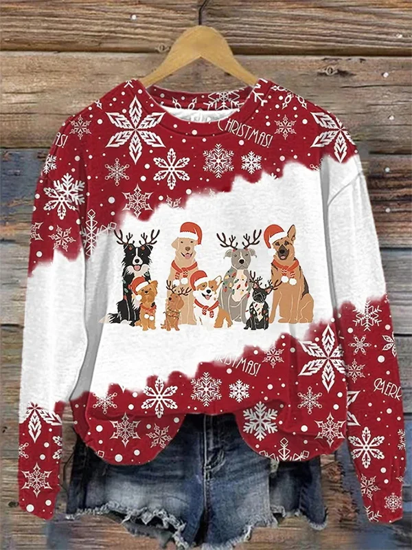 Women's Christmas Dog Snowflake Print Color Block Sweatshirt