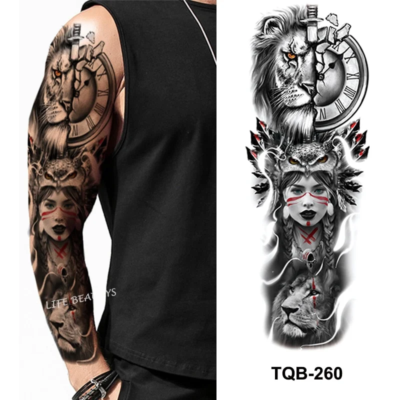 Sdrawing Temporary Full Arm Tattoos Man Women Cool Leg Art Tiger Wolf Black Sleeve Large Fake Sticker Glitter Multiple Style