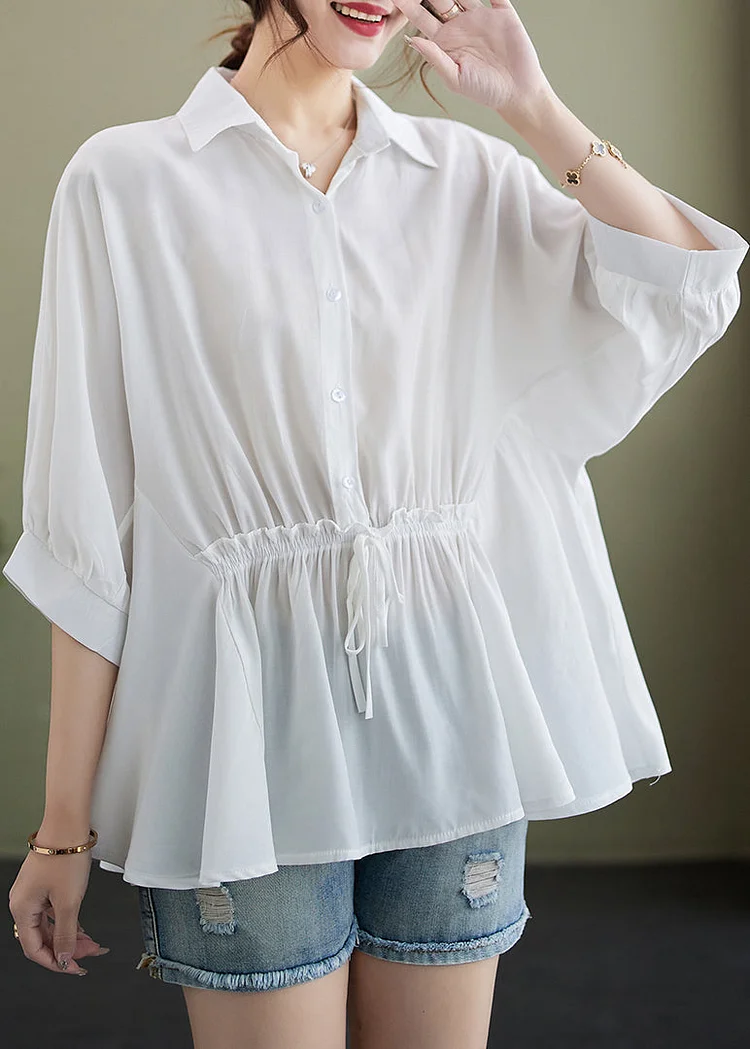 Boutique White Ruffled Cinched Cotton Blouse Top Summer