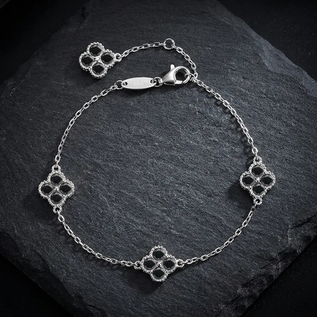 JiStones Eternal Luck Black Moissanite Four-Leaf Clover Bracelet in S925 Sterling Silver Midnight Black Moissanite (Includes GRA Certificate)-2.4 Carat Total Weight