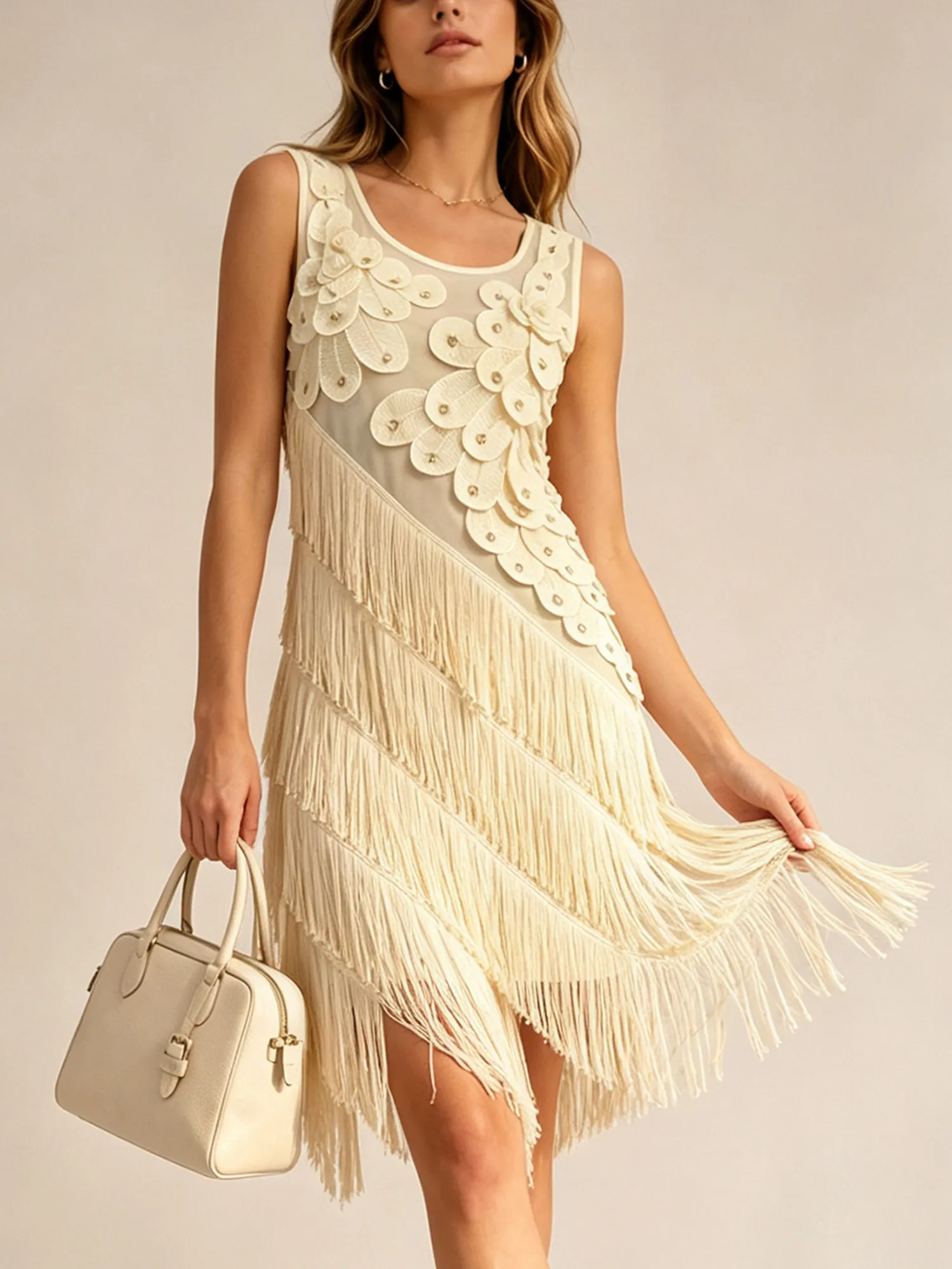 Holiday Dress &mdash; 3D Floral Appliqu&Eacute;S, Irregular Layered Tassels, Gorgeous Lace Fabric Midi Dress