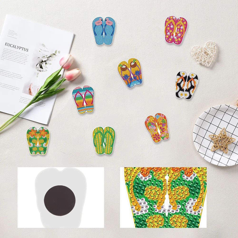 8Pcs DIY Beach Slippers Special Shape Diamond Painting Fridge Magnet for Home Decor