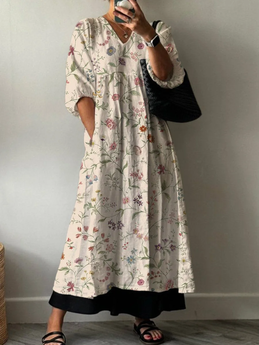 Lovely Retro Floral Pattern Printed Women's Pocket V-Neck Cotton Dress