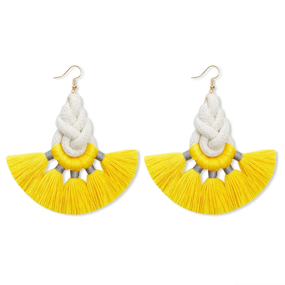 Dvacaman Ethnic Handmade Weave Macrame Earrings Cotton Thread Feather Fringe Tassel Earrings Wedding Jewelry Women Accessories