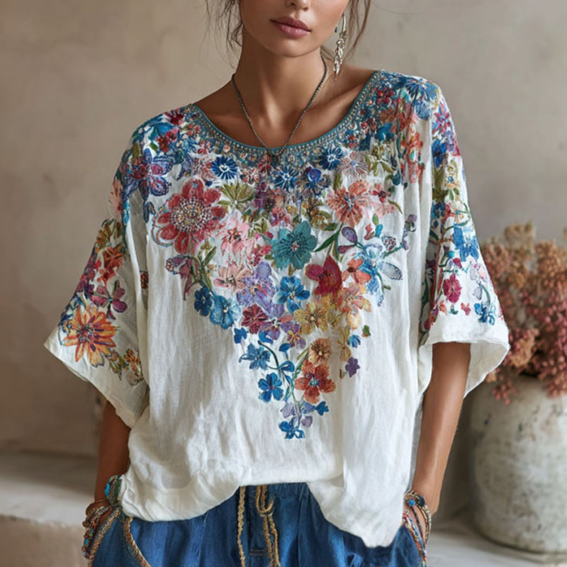 Women's Colorful Floral Art Print Linen Blend Casual T-shirt elevenforest