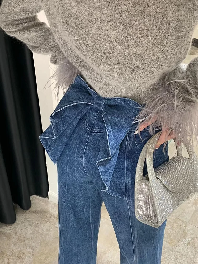 Bow High Waist Jeans Wide-leg Straight Pants