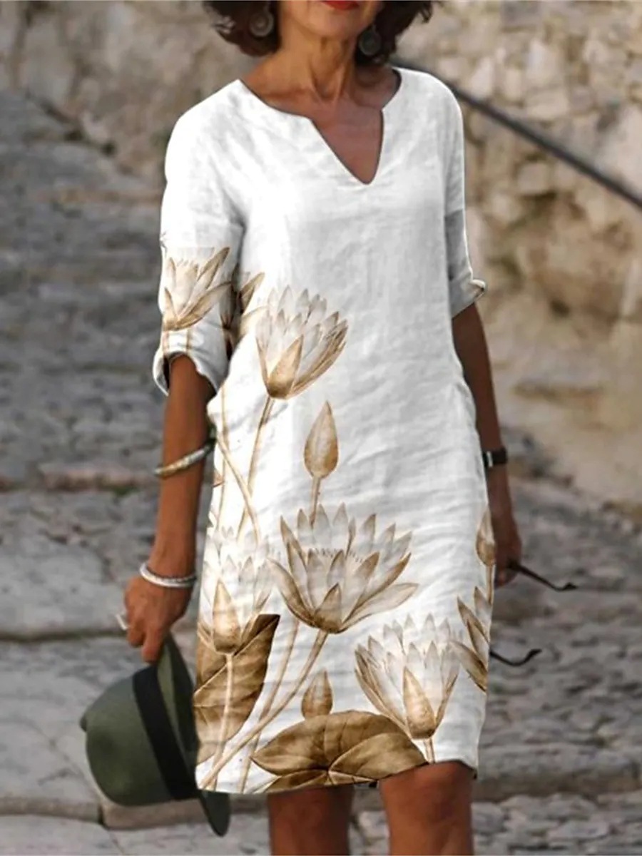 V-neck Line Print Loose Short Sleeve Shift Dress