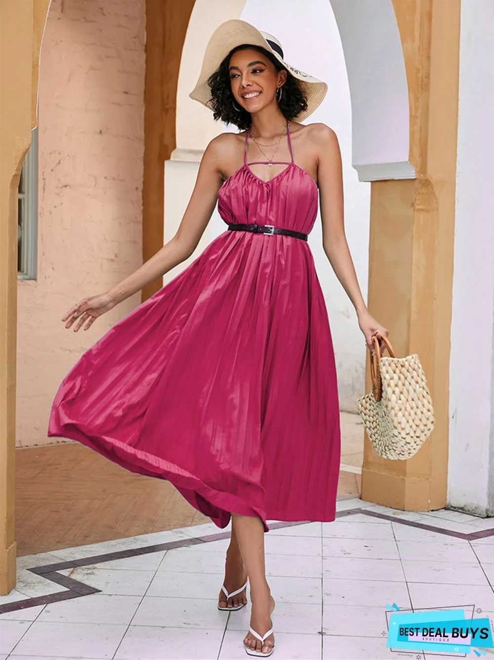 Summer Solid Color Pleated Waist and Neck Dress Black Dresses