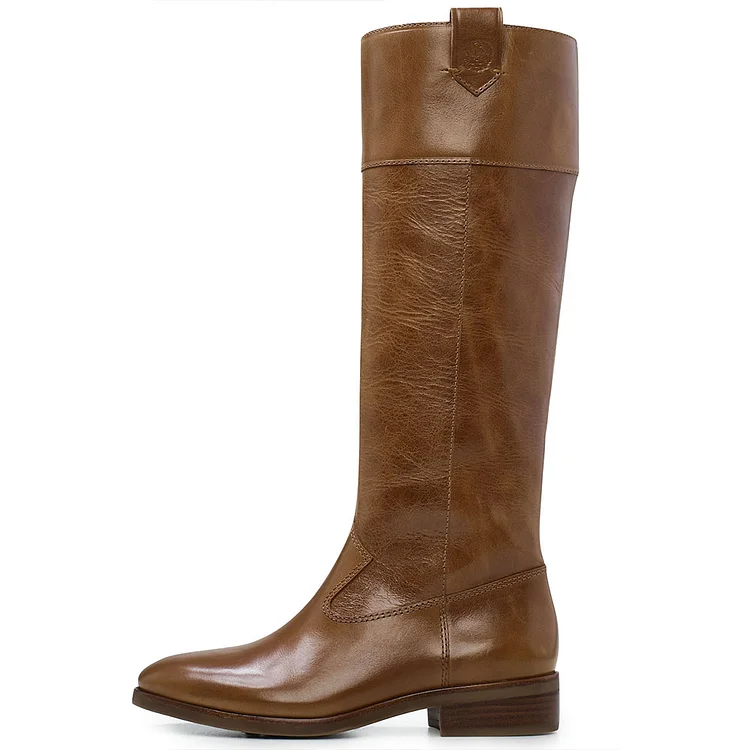 Women's Brown Almond Toe Knee High Riding Boots with Pull Tabs |FSJ Shoes