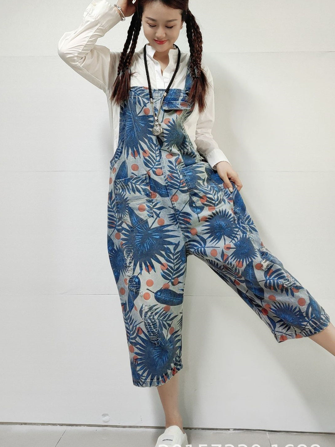 Women's Hole Floral Printed Casual Retro Cropped Workwear Denim Overalls Jumpsuit