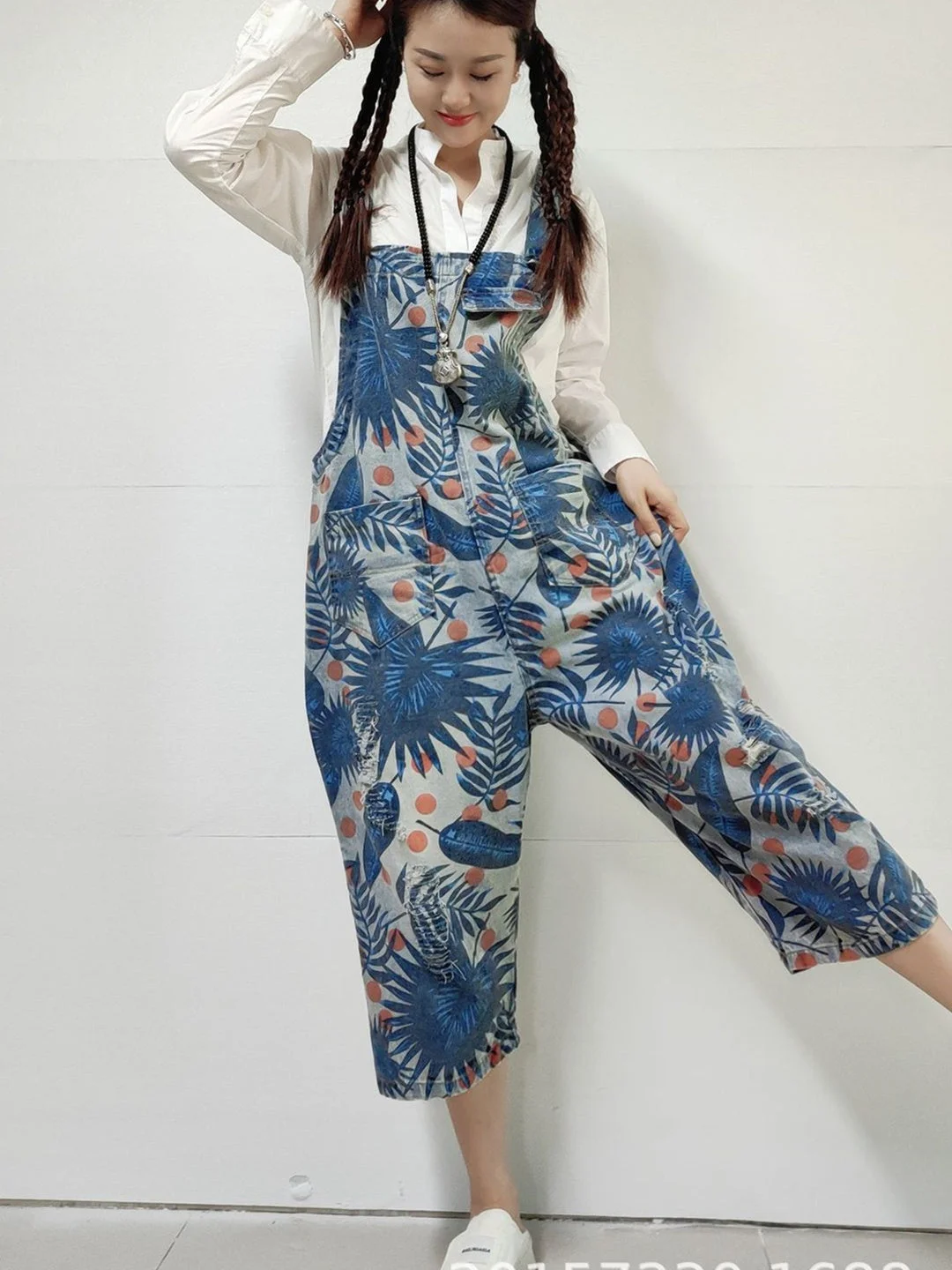 Women's Hole Floral Printed Casual Retro Cropped Workwear Denim Overalls Jumpsuit