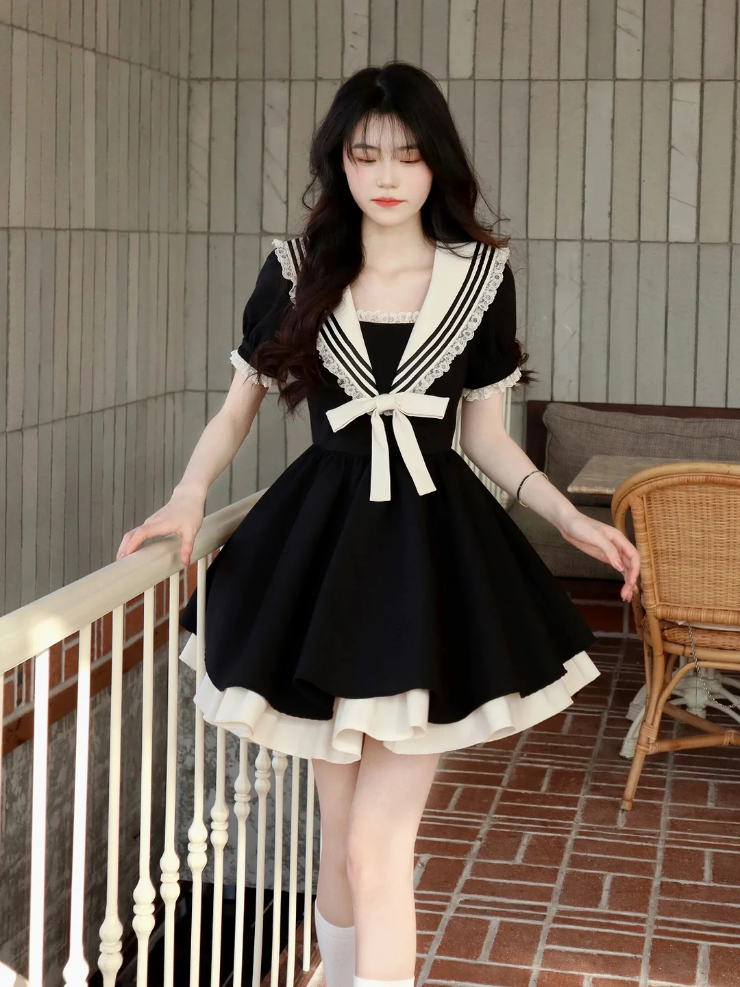 Tanguoant Dress For Women 2023 Harajuku Preppy Style School Casual Sailor Collar Puff Sleeve Wrap Short Dresses