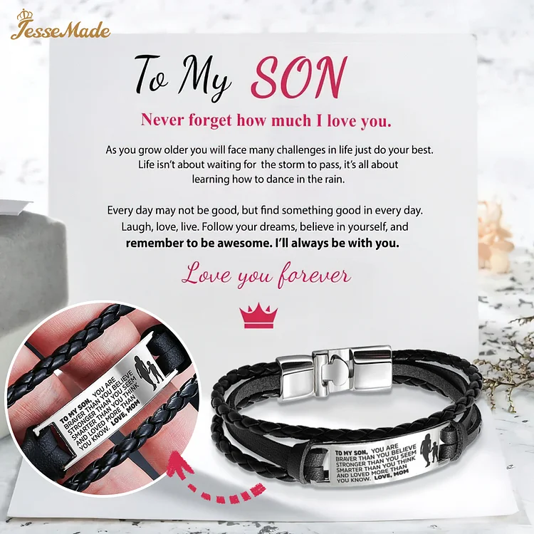 To My Son/Grandson, Leather Braided Men's Bracelet, You Are Braver Than You Believe Inspirational Bracelet Gifts For Him