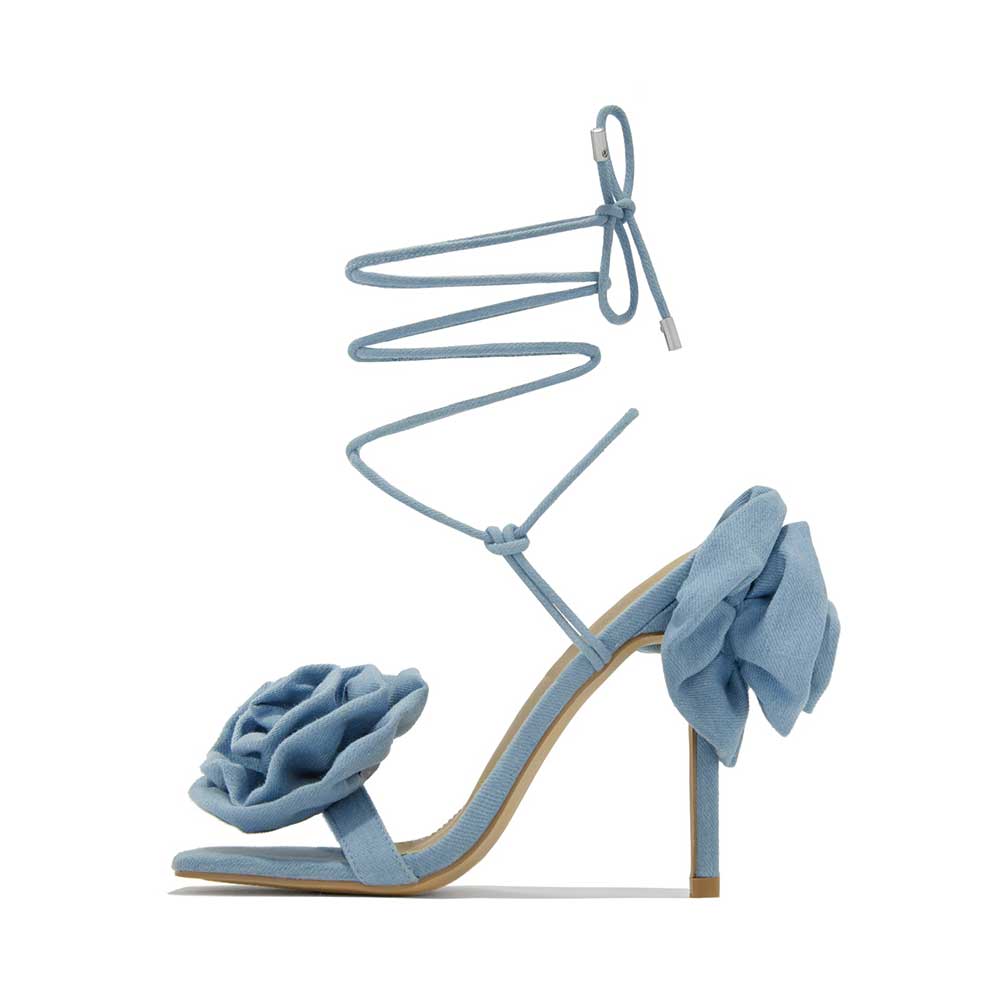 Blue Denim Square Toe 4'' Stiletto Heel Rose Decor Strappy Sandals Nicepairs