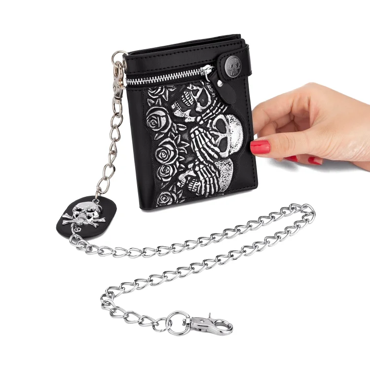 Goth Vintage Skull & Rose Chain Decorated PU Wallet