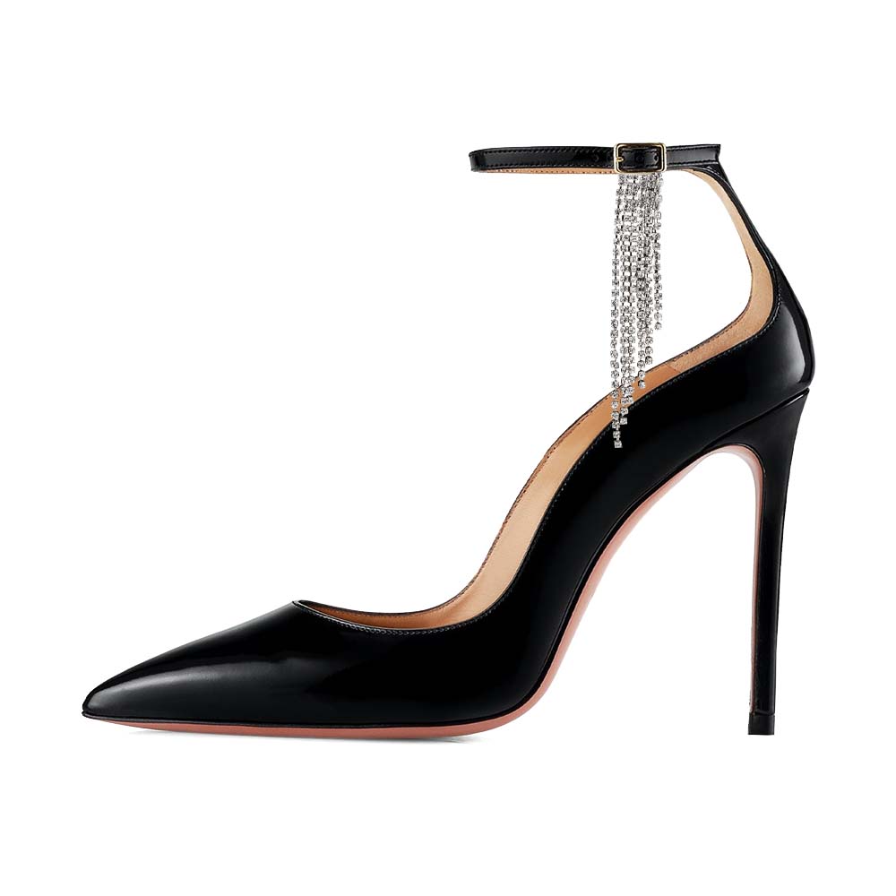 Black Patent Leather Pointed Toe Ankle Strap Pumps Heels with Tassels Nicepairs