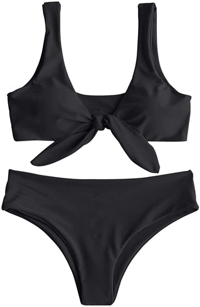 Womens Solid Color Strap Padded Front Knot Bikini Set