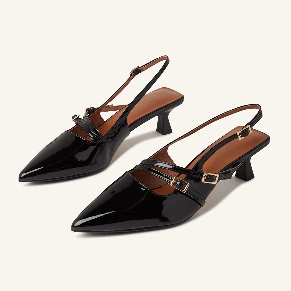 Black Patent Leather Buckle Straps Kitten Heel Slingback Pumps