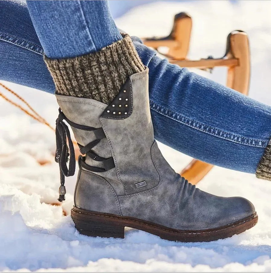 Women's Martin Boots Winter 2021 Side Zipper Snow Boots Lace Up Women Shoes Size 43 Knitting Retro Ankle Boots Botas De Mujer