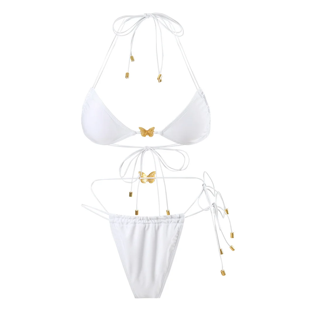 Uveng 2025 Solid-Color Elastic Rope Butterfly Ornament Bikini Sexy Split Triangle Strap With Swimsuit Woman