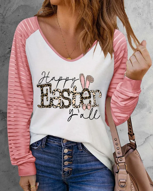 Happy Easter Y'all Bunny Leopard Print V-neck Long Sleeve Tee