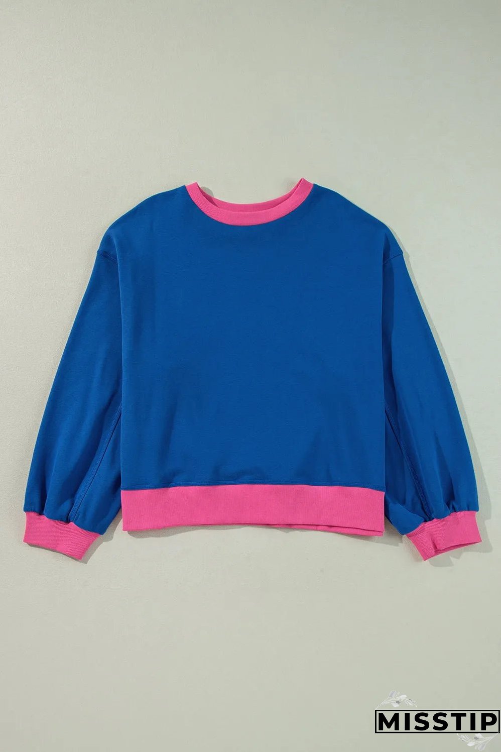 Sky Blue Color Block Edge Balloon Sleeve Plus Size Sweatshirt