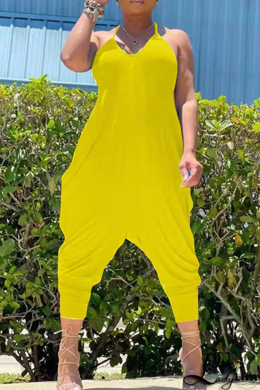 Orange Casual Solid Split Joint O Neck Jumpsuits