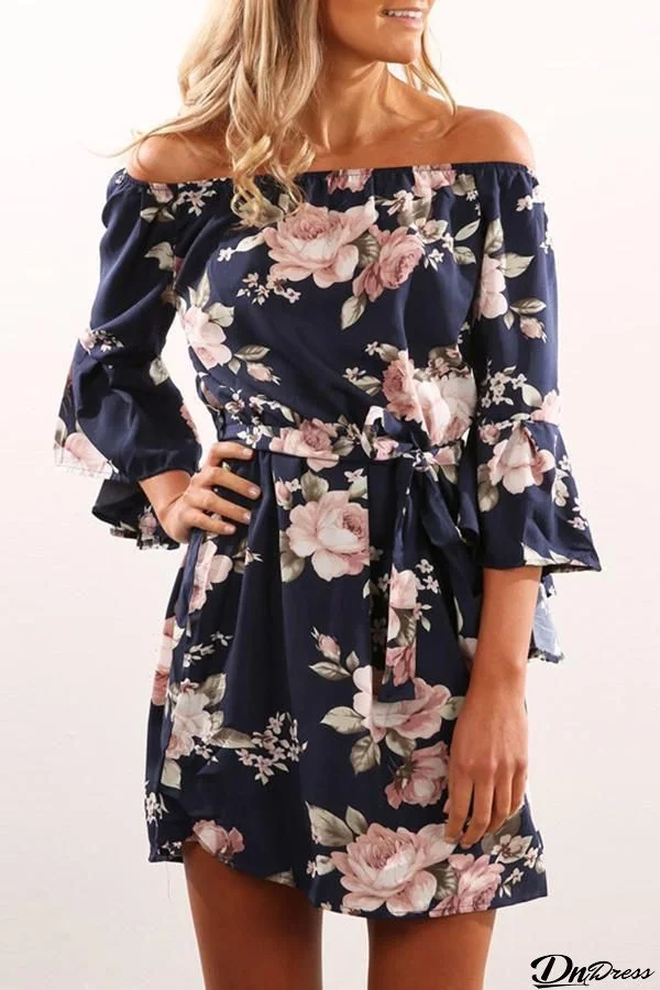 Bateau Neck Floral Printing Mini Dresses