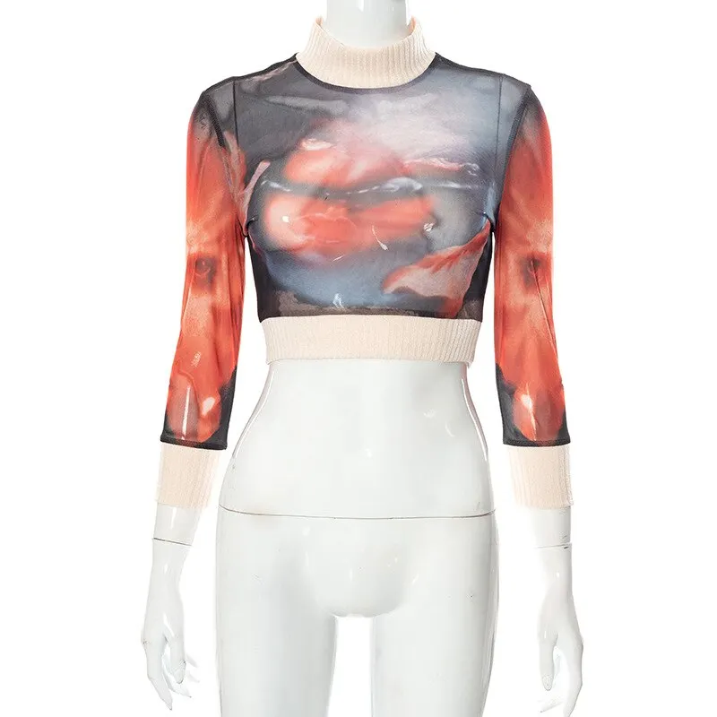 Hawthaw Women Fashion Autumn Winter Long Sleeve Printed Mesh Kntted T Shirt Crop Tops Pullover 2021 Fall Clothes Wholesale Items