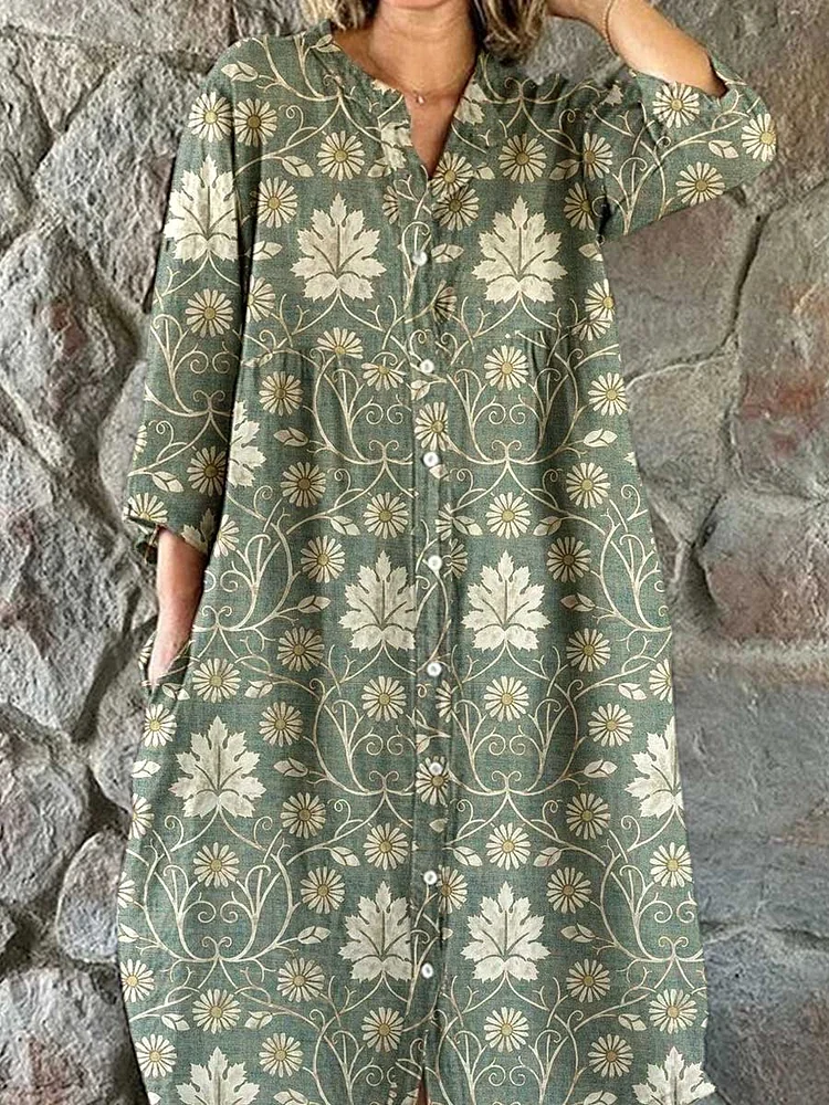 Women's Retro Floral Pattern Cotton Shirt Dress