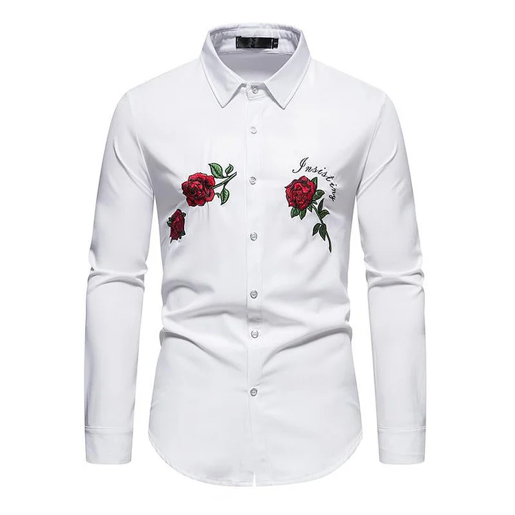 Men's Fashion Rose Embroidery Casual Lapel Long Sleeve Shirt