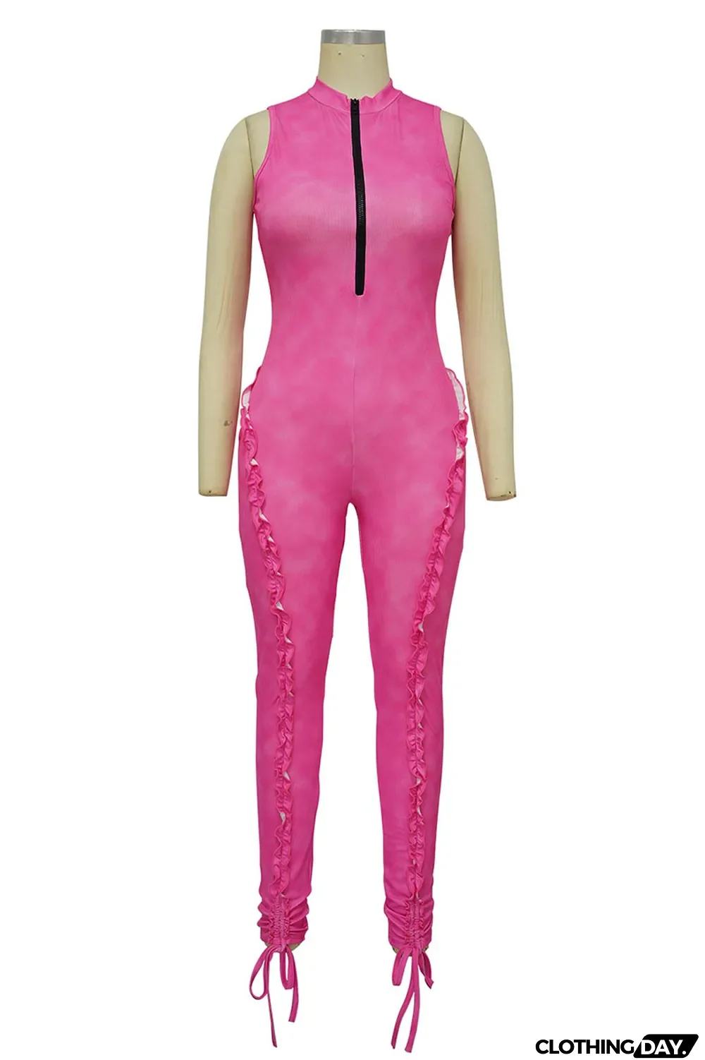 Light Blue Casual Solid Patchwork Stringy Selvedge Zipper Collar Skinny Jumpsuits