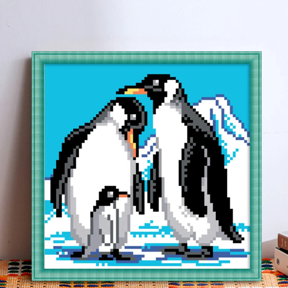 9CT Full Stamped Cross Stitch Bead Embroidery - Penguins(Canvas|20*20CM)