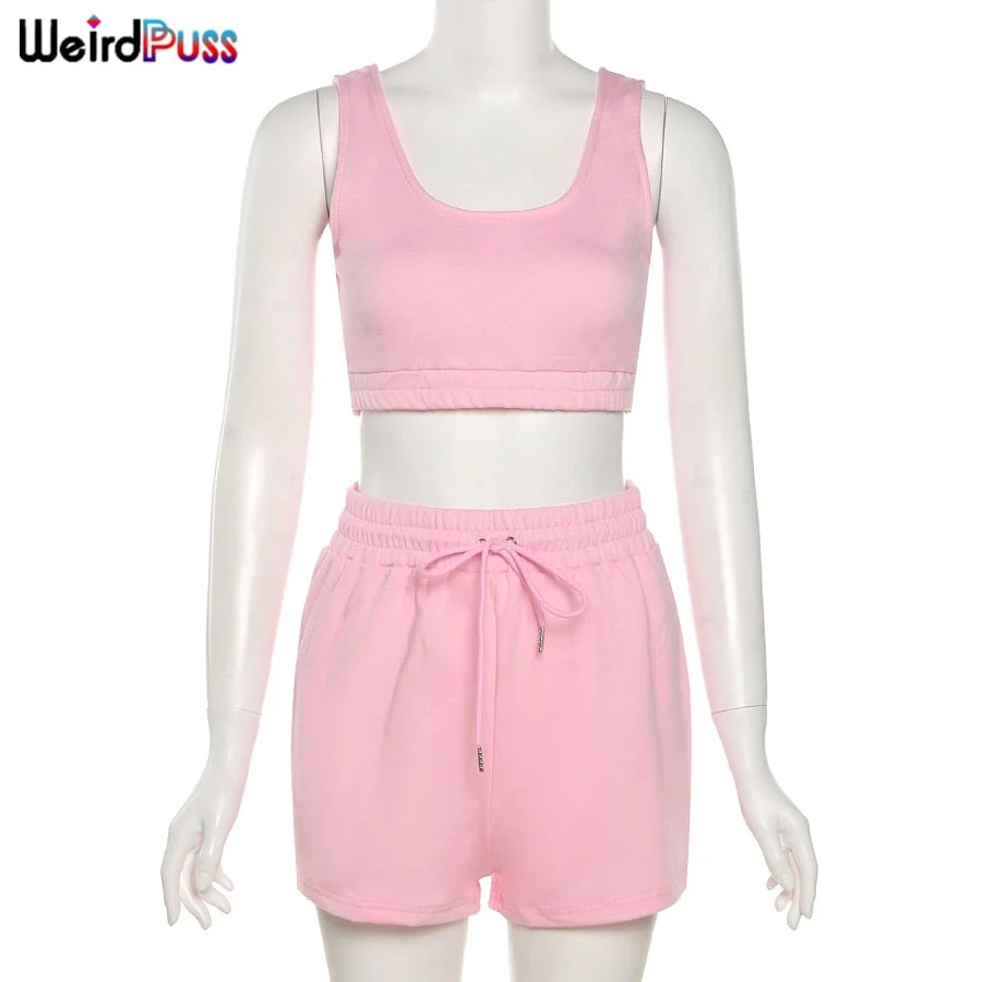 Weird Puss 2 Piece Sets Women Casual Cotton Tracksuit Fitness Tank Top Drawstring Shorts Activity Stretchy Summer Street Outfits